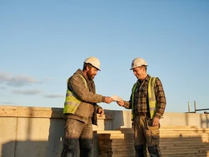Vakman in werkkleding overhandigt een gevouwen briefje aan een collega op een bouwplaats, warm middaglicht.