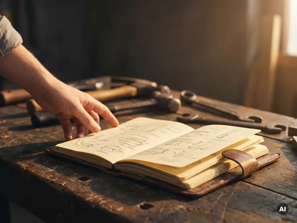 Versleten leren notitieboek met technische schetsen op een houten werkbank, hand reikt ernaar, gereedschap op de achtergrond.