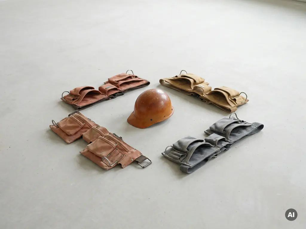 Gele bouwhelm op betonnen vloer omringd door vier gereedschapsriemen in geometrisch patroon, terracotta en grijstinten.