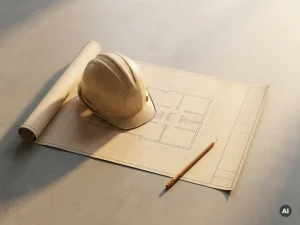Gele bouwhelm en scherp potlood op een uitgerold blauwdruk plattegrond in warm ochtendlicht.