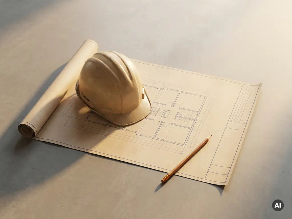 Gele bouwhelm en scherp potlood op een uitgerold blauwdruk plattegrond in warm ochtendlicht.