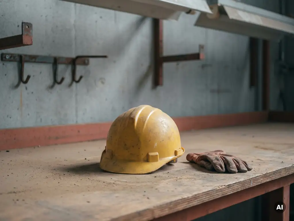 Vergeelde bouwhelm op een verlaten werkbank naast een versleten werkhandschoen, in een stille, minimalistische betonnen ruimte.