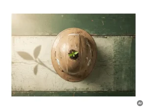 Verweerde bouwhelm op houten werkbank met een jong groen plantje dat van binnenuit ontkiemt, minimalistische flatlay.