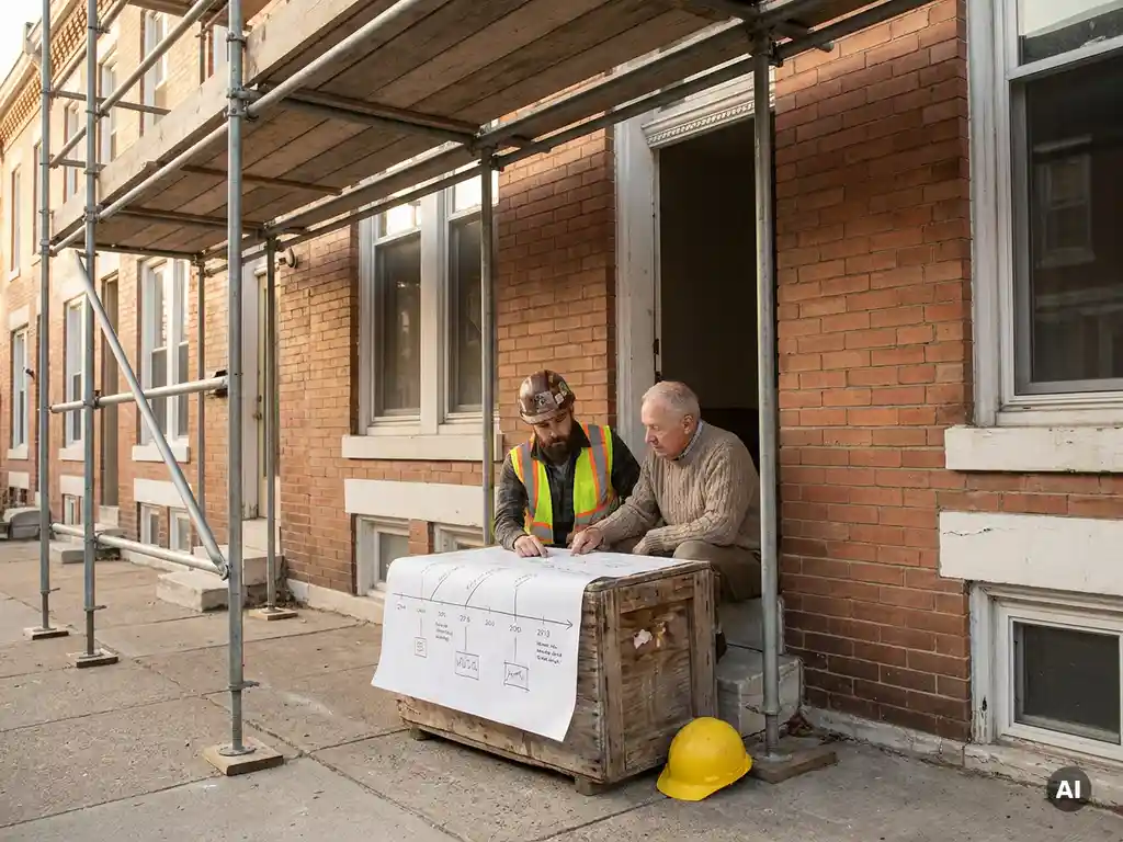 Bouwopzichter en bewoner bekijken samen een handgetekende projectplanning op een houten kist bij een voordeur.