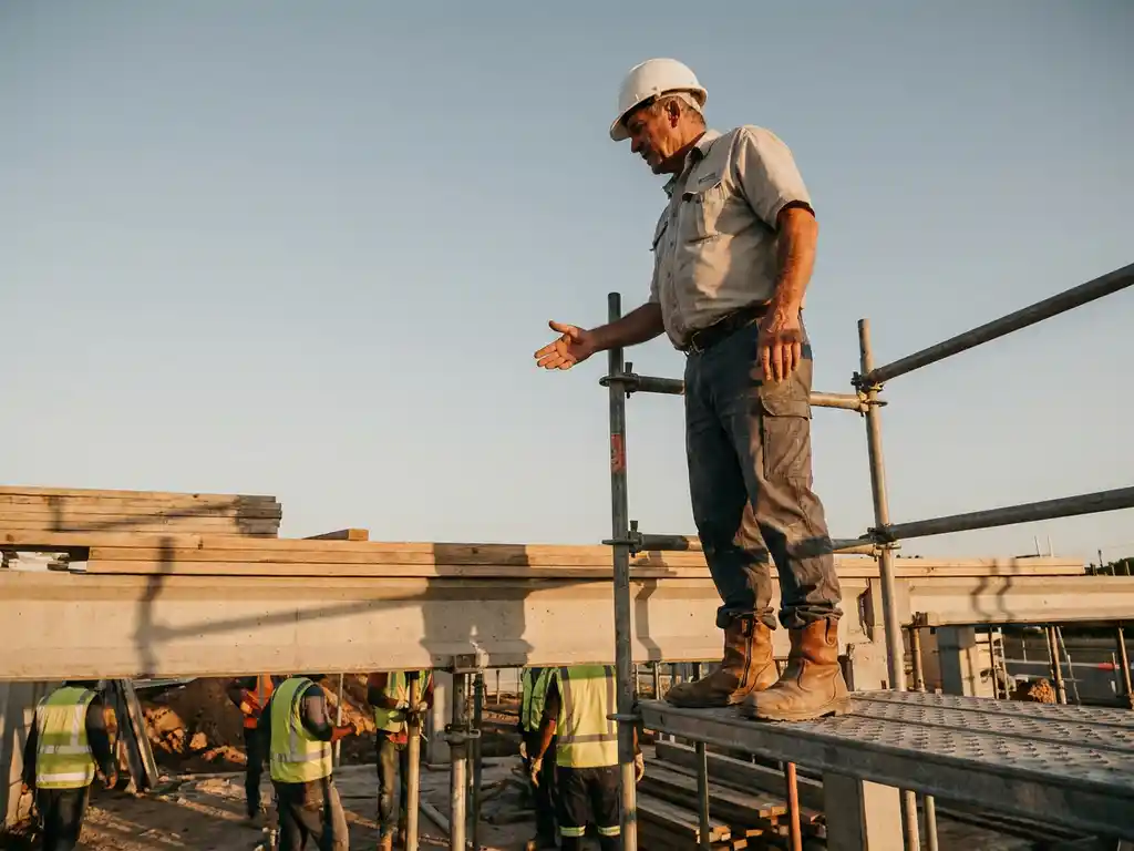Bouwvoorman op steiger geeft instructies aan ploeg beneden, witte helm en stalen neuzen, gouden-uurlicht over beton en hout.