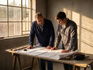 Ervaren bouwplaatsmanager en jonge leerling bestuderen samen bouwtekeningen op houten tafel, met helmhoeden en meetgereedschap.