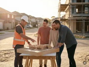 Bouwopzichter bespreekt architectuurmaquette met buurtbewoners buiten, warme middagzon, residentiële achtergrond met steigers.