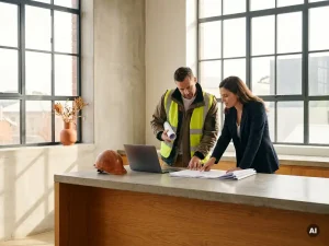 Bouwopzichter en kantoorprofessional bekijken samen plannen aan een werkbank, met helm en laptop in natuurlijk daglicht.