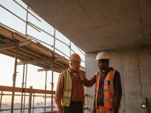 Bouwplaatsvoorman legt hand op schouder van collega in helm, omgeven door steigers en betonnen muren in warm ochtendlicht.