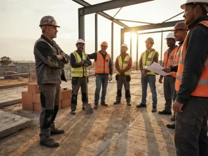 Bouwplaatsvoorman staat kalm te midden van zijn crew in gouden middaglicht, met een open lucht en betonnen achtergrond.