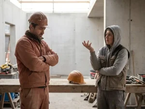 Bouwplaatsvoorman met helm in gespannen gesprek met collega, omringd door gereedschap en onafgewerkte betonnen muren.
