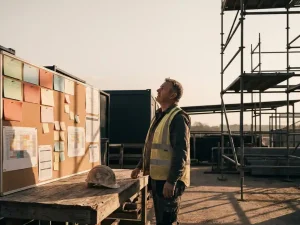 Bouwplaatsvoorman bestudeert kleurgecodeerde personeelsplanning op prikbord, helm op verweerde tafel, steigers in warm middaglicht op achtergrond.