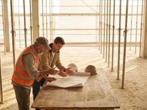 Bouwopzichter en medewerker bespreken blauwdrukken op houten tafel, bouwhelmen naast hen, gouden ochtendlicht door steigers.
