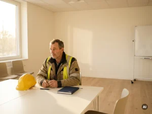 Ervaren bouwprofessional in werkkleding pauzeert peinzend in moderne trainingsruimte met helm en notitieboek op witte tafel.