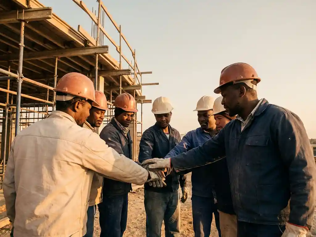 Bouwteam in cirkel met gestapelde handen op bouwplaats, steigers op achtergrond, gouden middaglicht.