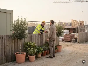 Bouwvakker in veiligheidsvest begroet buurtbewoner over tijdelijk bouwschutting, groene planten langs de afzetting, actieve bouwplaats op de achtergrond.