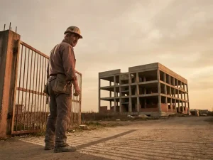 Bouwvakker met helm kijkt achterom naar half gebouwd betonnen gebouw bij bouwplaats, gouden middaglicht, stoffige laarzen.