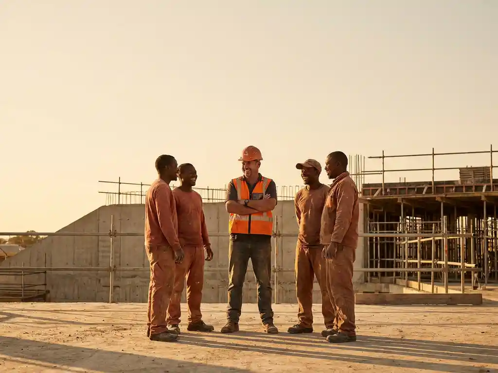 Bouwvakker met helm lacht met collega's op een actieve bouwplaats in warm middaglicht.