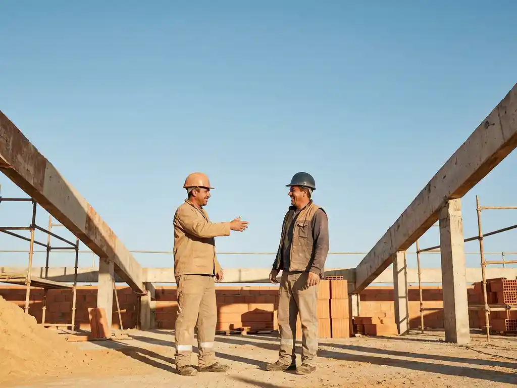 Bouwvakker met helm in gesprek met collega op zonnige bouwplaats, warme lichaamstaal en trots uitstralingen.