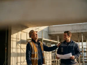 Bouwvakker met helm lacht met collega op actieve bouwplaats, omgeven door betonnen muren en steigers in warm middaglicht.
