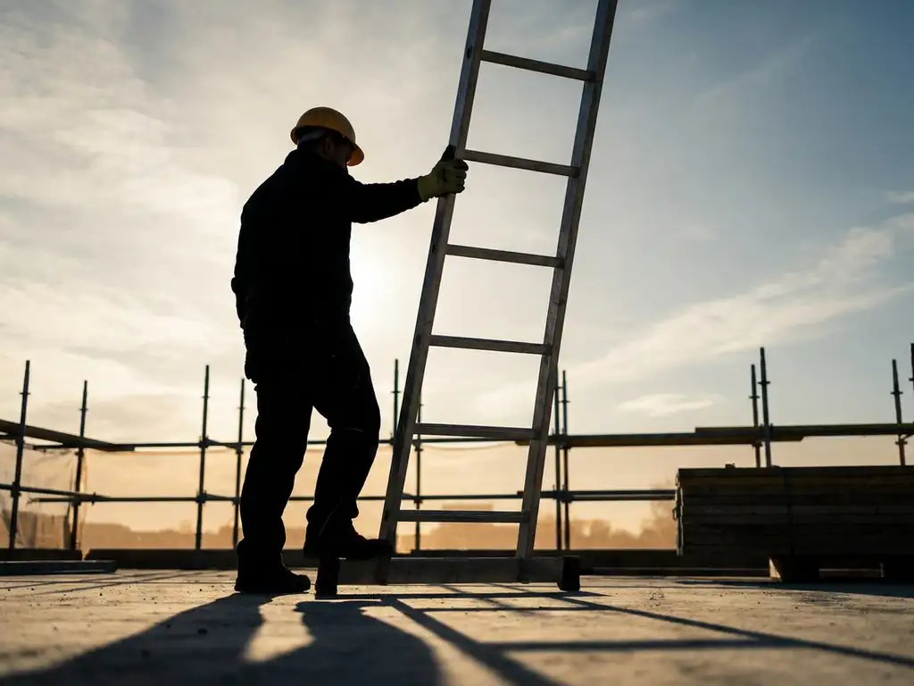 Bouwvakker met helm klimt ladder omhoog richting open lucht, steigerwerk op achtergrond, gouden ochtendlicht, lage camerahoek.