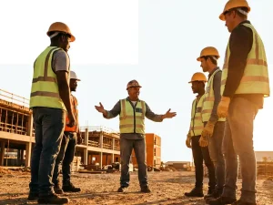 Bouwvakker met helm spreekt zelfverzekerd tot collega's in een kring op een zonnige bouwplaats, armen wijd in vertelgebaar.