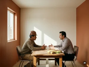 Bouwvakker met helm in gesprek met manager aan houten tafel in bouwkeet, warm licht door raam, open lichaamshouding.