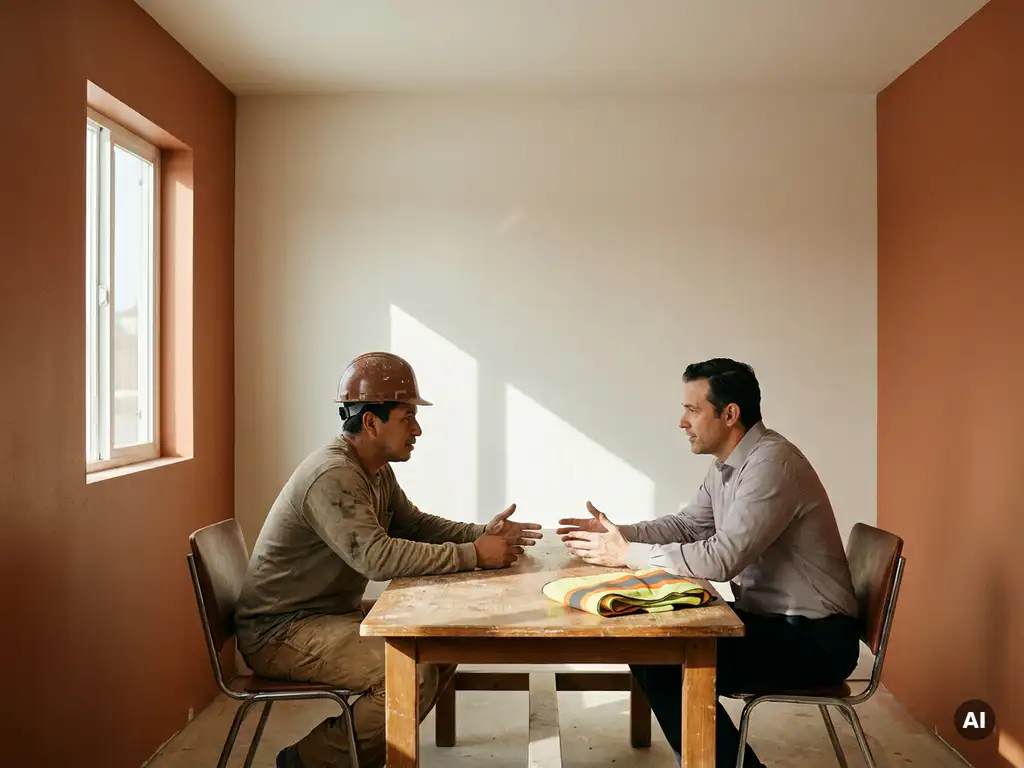 Bouwvakker met helm in gesprek met manager aan houten tafel in bouwkeet, warm licht door raam, open lichaamshouding.