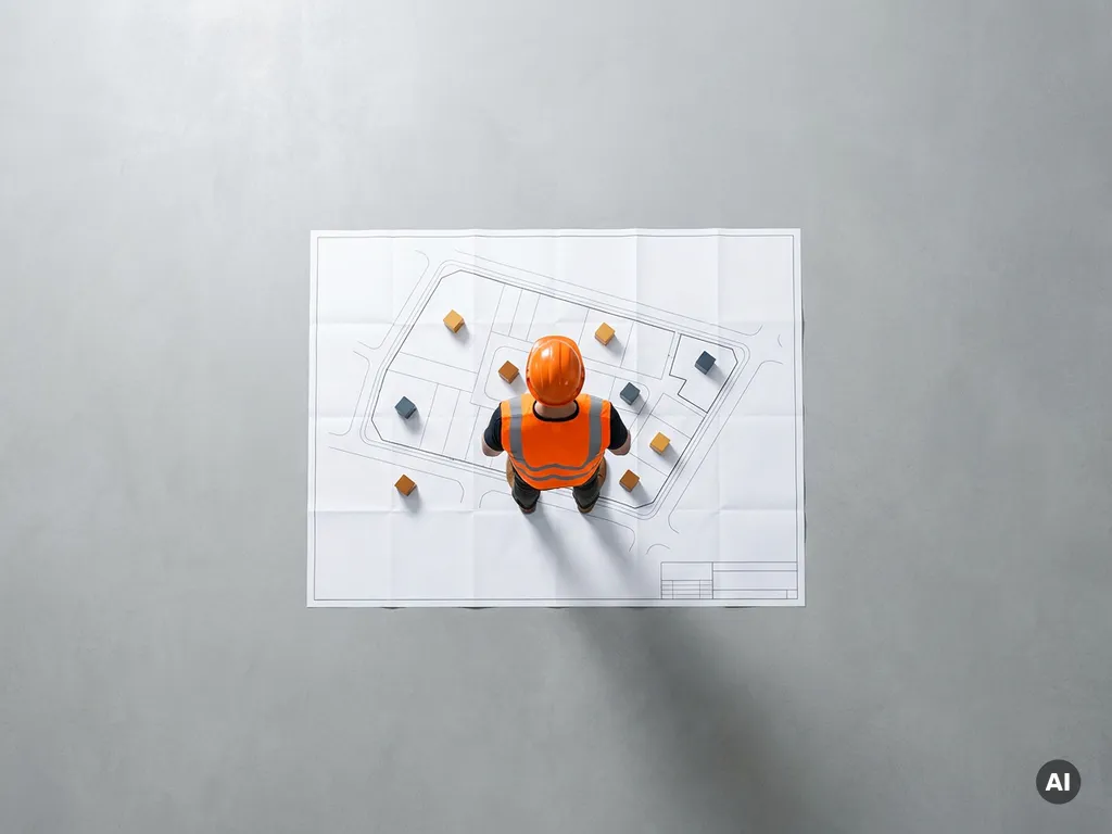 Bouwvakker in fluohesje staat op een minimalistisch plattegrond op betonnen ondergrond, gezien van bovenaf.