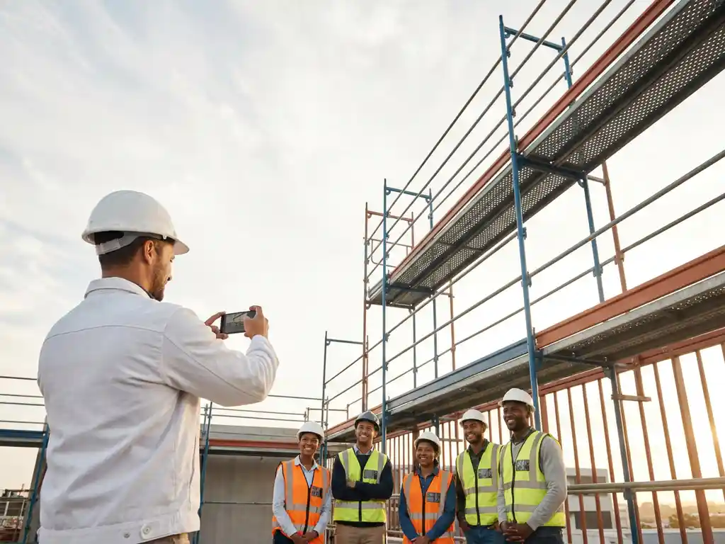 Bouwvakker met witte helm fotografeert teammoment op ordelijke bouwplaats, moderne steigers tegen blauwe lucht in gouden uurtje licht.