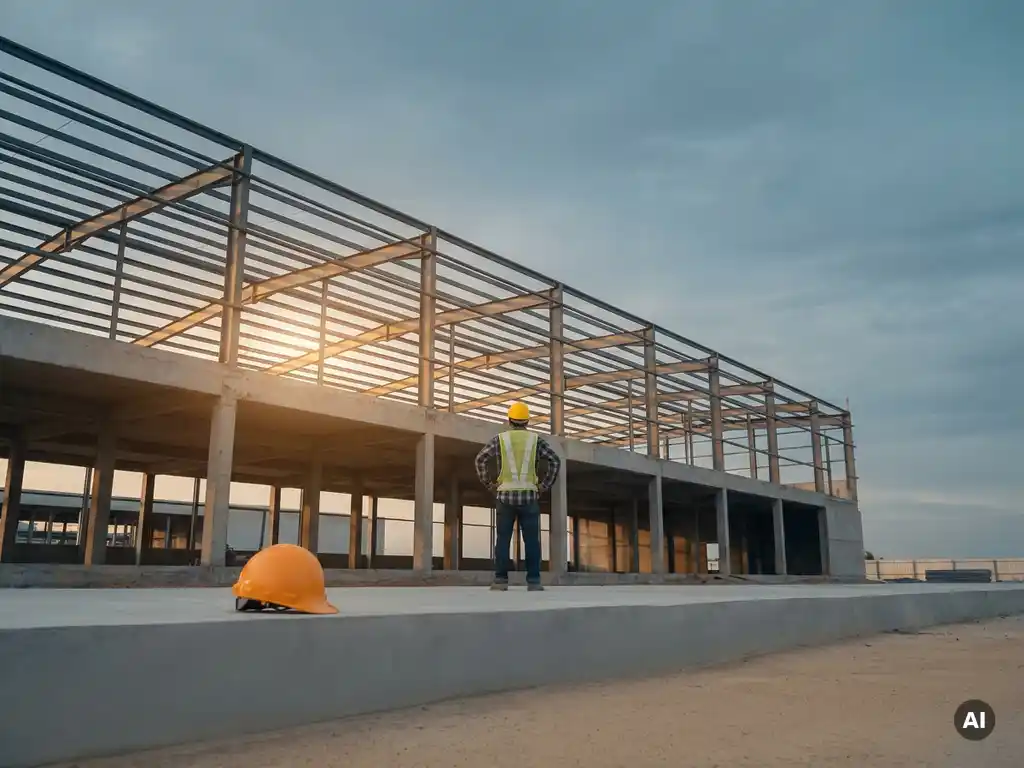 Bouwvakker met helm in de ingang van een onafgebouwd staalskelet, warm goudkleurig licht door de balken, oranje helm op betonnen rand op de voorgrond.