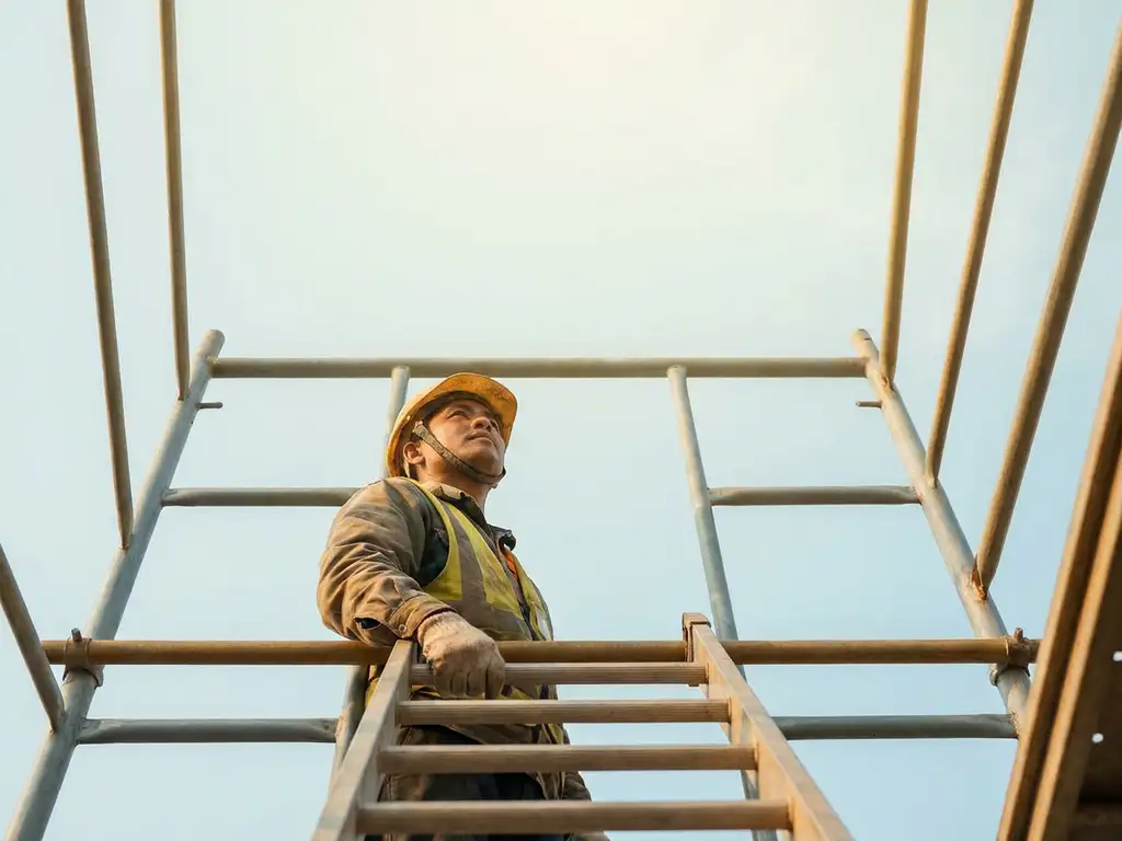 Bouwvakker met helm onderaan steigerladder, omhoogkijkend naar heldere lucht, hand op sport, geometrische steigerlijnen in gouden licht.