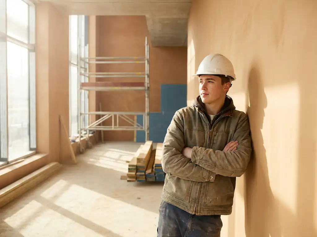 Jonge bouwvakker met helm leunt zelfverzekerd tegen een vers gepleisterde muur op een moderne bouwplaats.