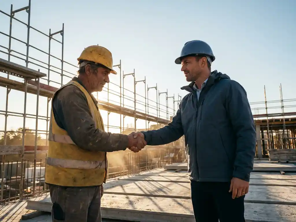 Bouwvakker met helm geeft trainer de hand op bouwplaats tijdens gouden uur, steigers en betonnen vloer op de achtergrond.