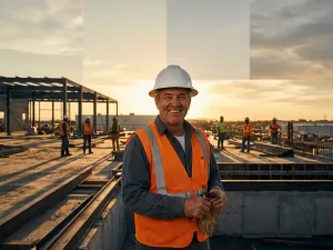 Bouwvakker met witte helm staat zelfverzekerd op bouwplaats tijdens gouden uur, collega's op achtergrond, beton en staal zichtbaar.