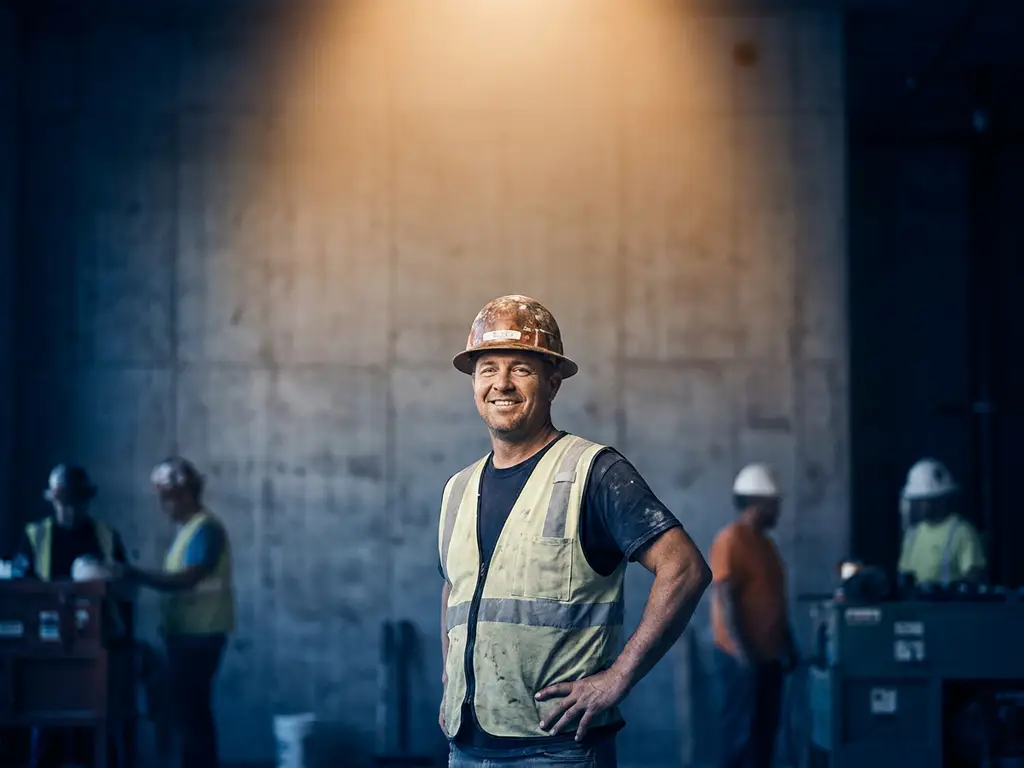 Bouwvakker met witte helm staat zelfverzekerd op een bouwplaats, verlicht door warm amberkleurig licht tegen een betonnen muur.