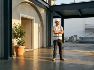 Trotse bouwvakker met witte helm bij een strakke bedrijfsingang, gouden tegenlicht en een groene plant naast de deur.