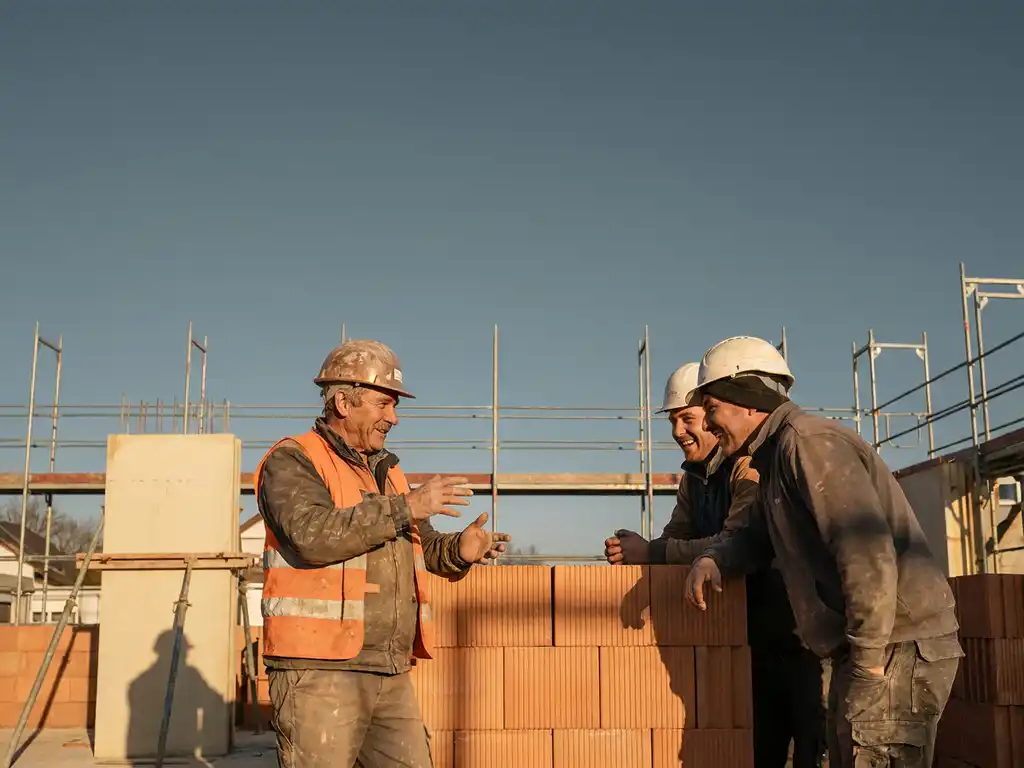 Bouwvakker met helm vertelt collega's een verhaal op een actieve bouwplaats in warm middaglicht.