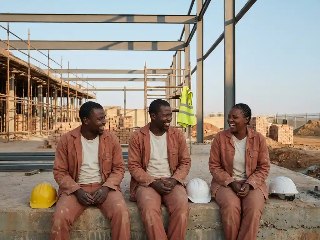 Bouwvakkers lachen samen tijdens pauze op bouwplaats, helmen op betonnen rand, zachte middagzon.