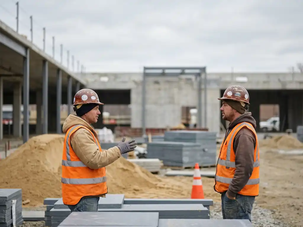 Twee bouwvakkers in hesjes en helmen in gesprek op een bouwplaats, met een onafgewerkte betonstructuur op de achtergrond.