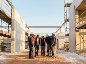 Bouwvakkers met helmen staan lachend in een kring op een bouwplaats, omringd door steigers en betonnen muren in warm middaglicht.
