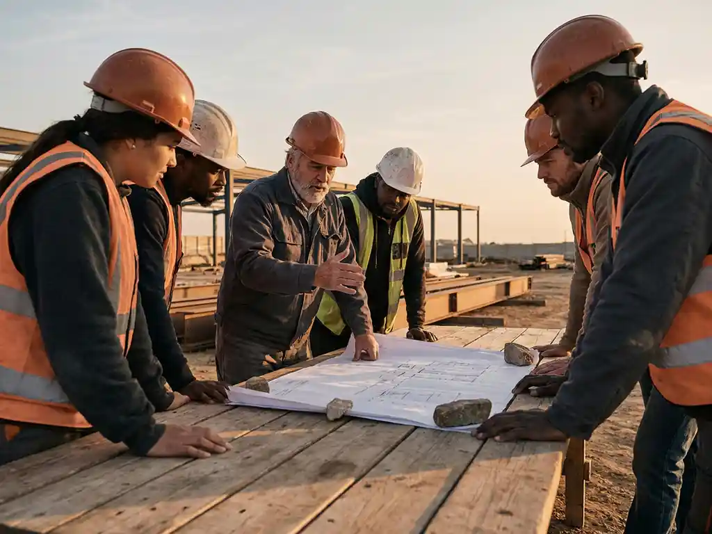 Bouwvakkers in veiligheidshelmen overleggen rond bouwtekeningen op een werkplaats in warm middaglicht.