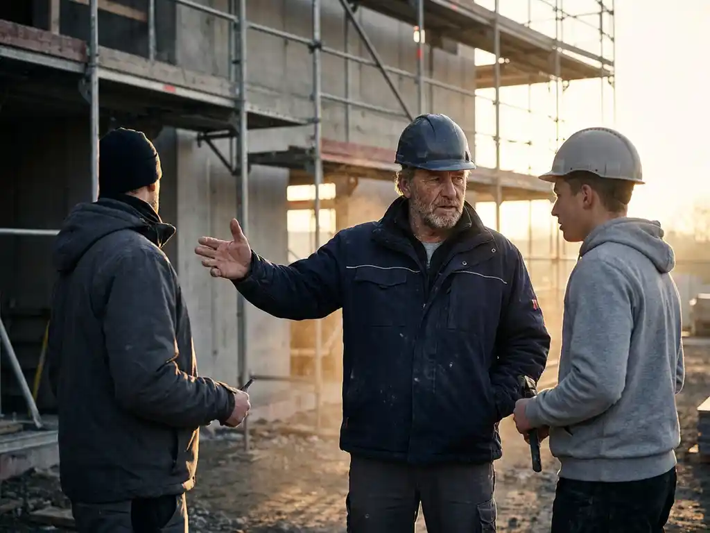 Ervaren voorman begeleidt jongere bouwvakker op steiger, omgeven door bouwmateriaal in amber- en betongrijs tinten.