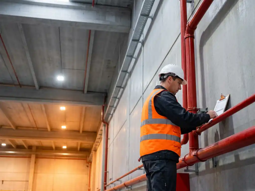 Brandveiligheidsinspecteur met helm en veiligheidsvest inspecteert rood sprinklersysteem in industrieel gebouw met oranje noodverlichting.