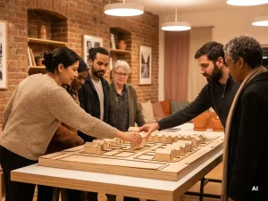 Diverse buurtbewoners buigen zich over een schaalmodel van een woonwijk in een gemeenschapscentrum, terwijl één persoon een miniatuurhuisje plaatst.