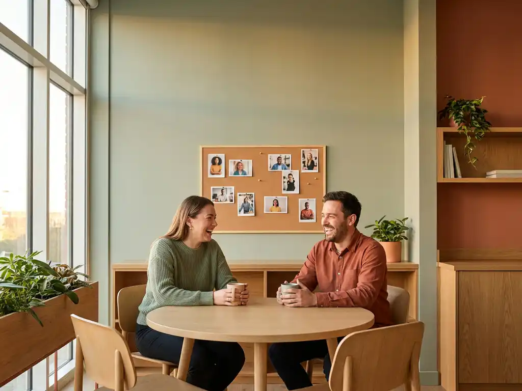 Twee collega's lachen samen tijdens koffiepauze in een moderne kantoorruimte van een woningcorporatie, met een prikbord op de achtergrond.