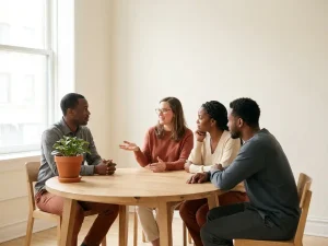 Diverse collega's in open gesprek rond een houten tafel, één persoon gebaart terwijl anderen aandachtig luisteren, zacht natuurlijk licht.
