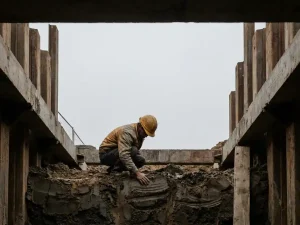 Funderingswerker met helm inspecteert diepe bodemlagen op bouwput, handen in kleigrond, houten beschoeiing op de achtergrond.
