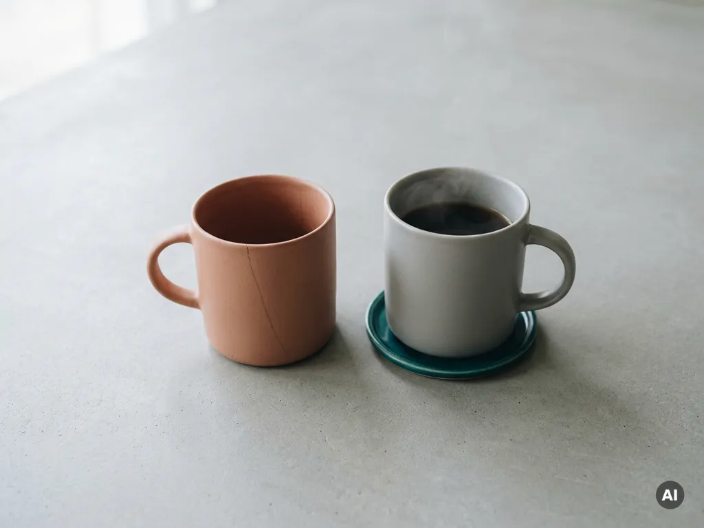 Gebarsten terracotta koffiemok op betonnen tafel naast intacte mok met stoom, bovenaanzicht in gedempte tinten.