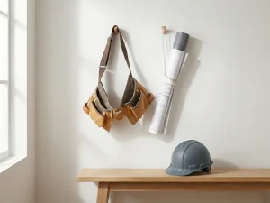 Versleten gereedschapsriem en opgerolde bouwtekening aan witte muur, gele bouwhelm op houten bank in zacht natuurlijk licht.